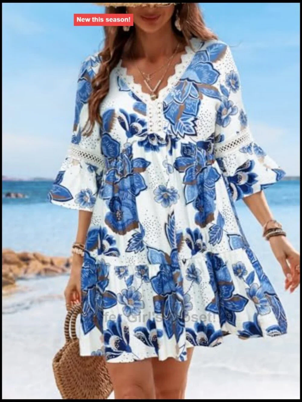 Lace Trim V-Neck 3/4 Sleeve Mini Cover Up Dress Flowy Boho Print